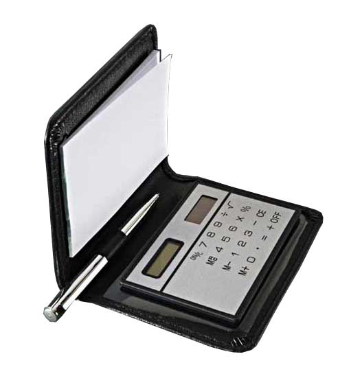Kit TRI Calculadora, mini caneta e mini bloco.